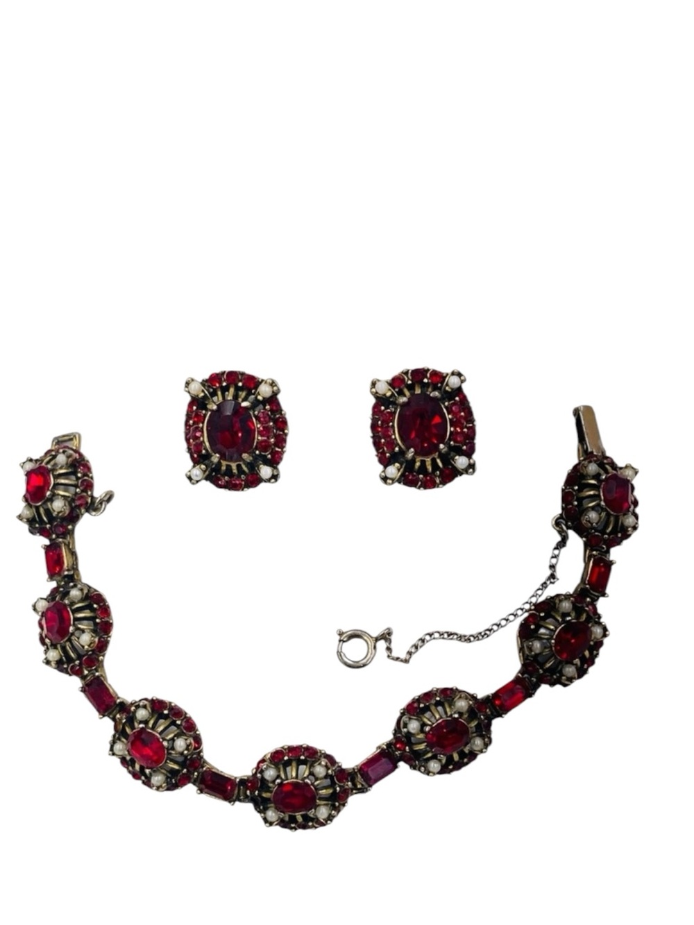 Vintage Hollycraft Red Rhinestone and Faux Pearl Bracelet and Earring Set - Picture 2 of 12